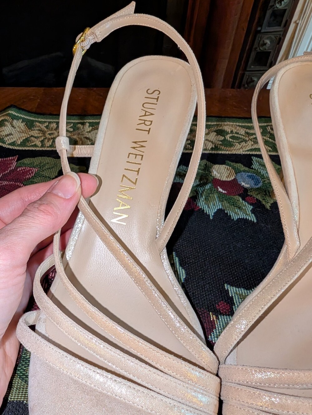 Stuart Weitzman Nude Shimmer Strappy Slingback Heels Size 8.5 Made in Spain - Picture 5 of 7
